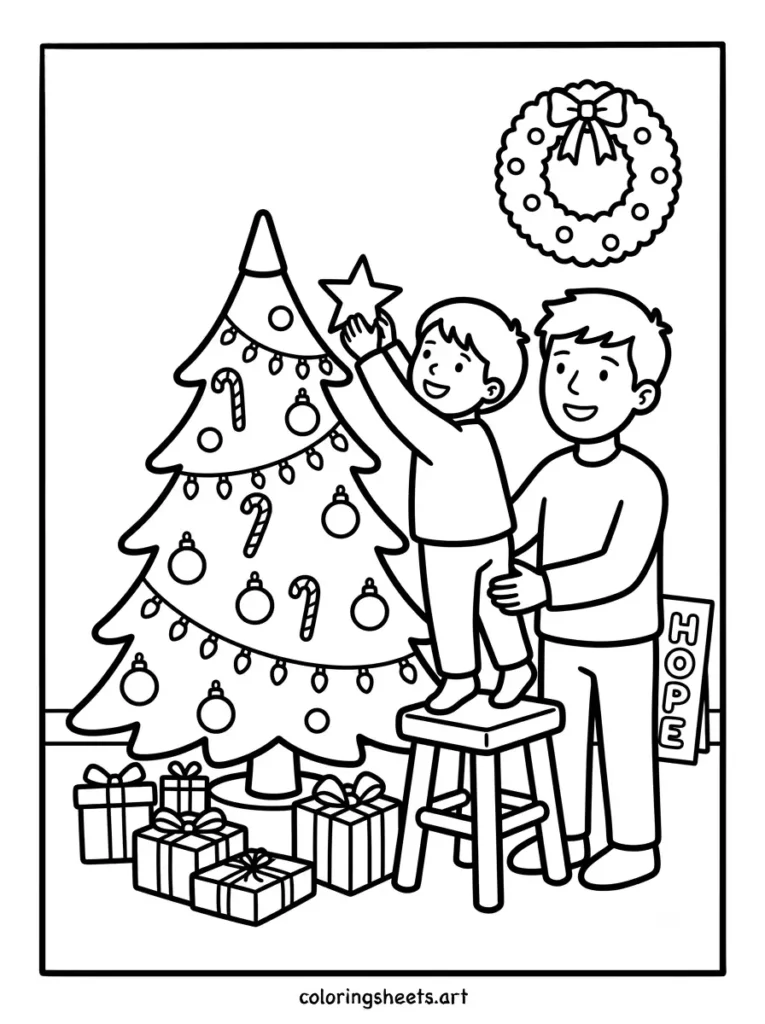 Putting the star on the tree cozy Christmas coloring page for kids