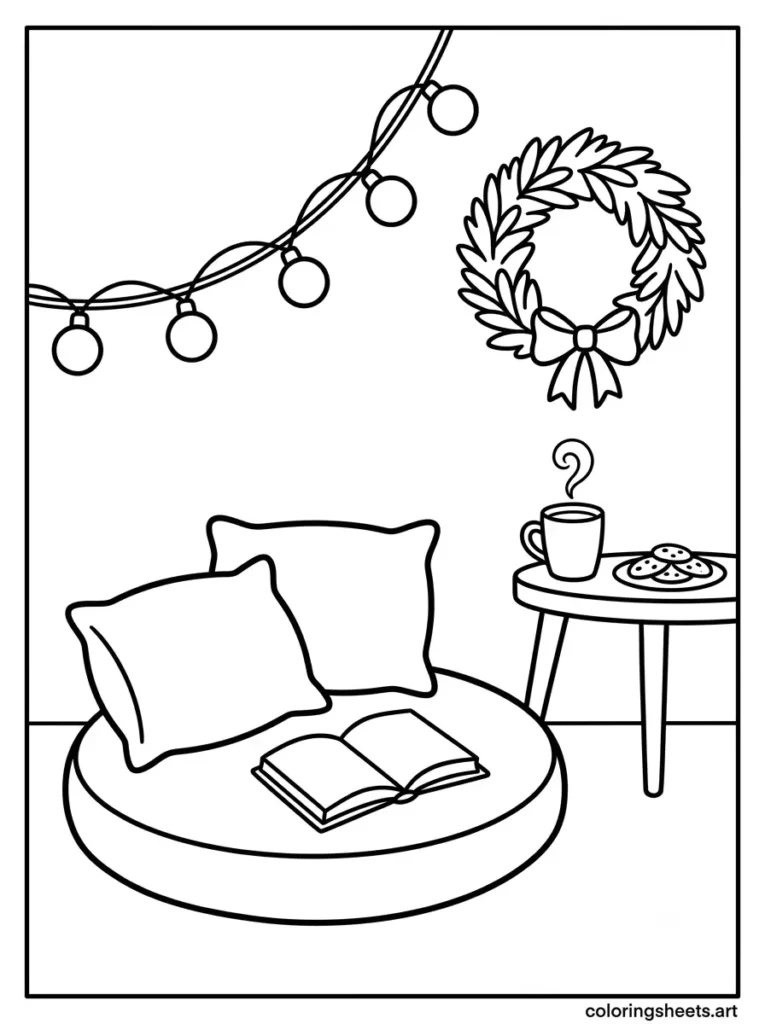 Quiet reading nook with fairy lights cozy Christmas coloring page for adults