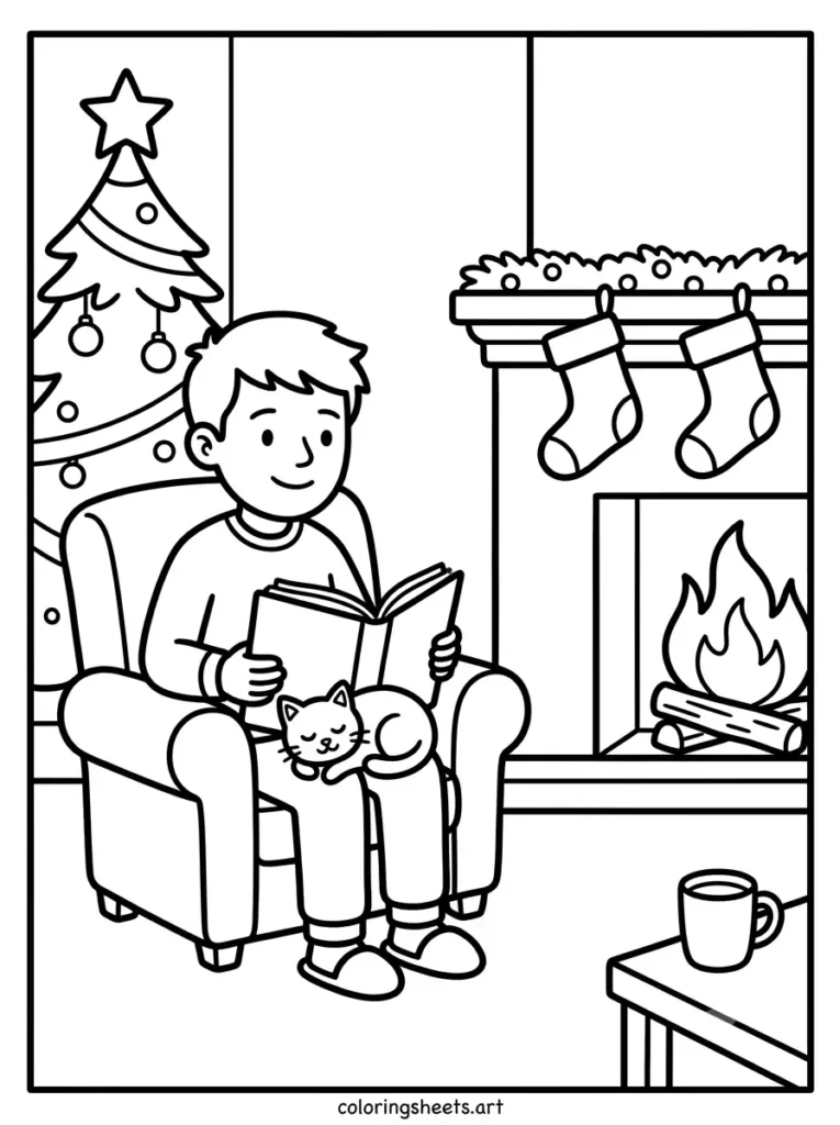 Reading by the fire with a cat cozy Christmas coloring page for adults free