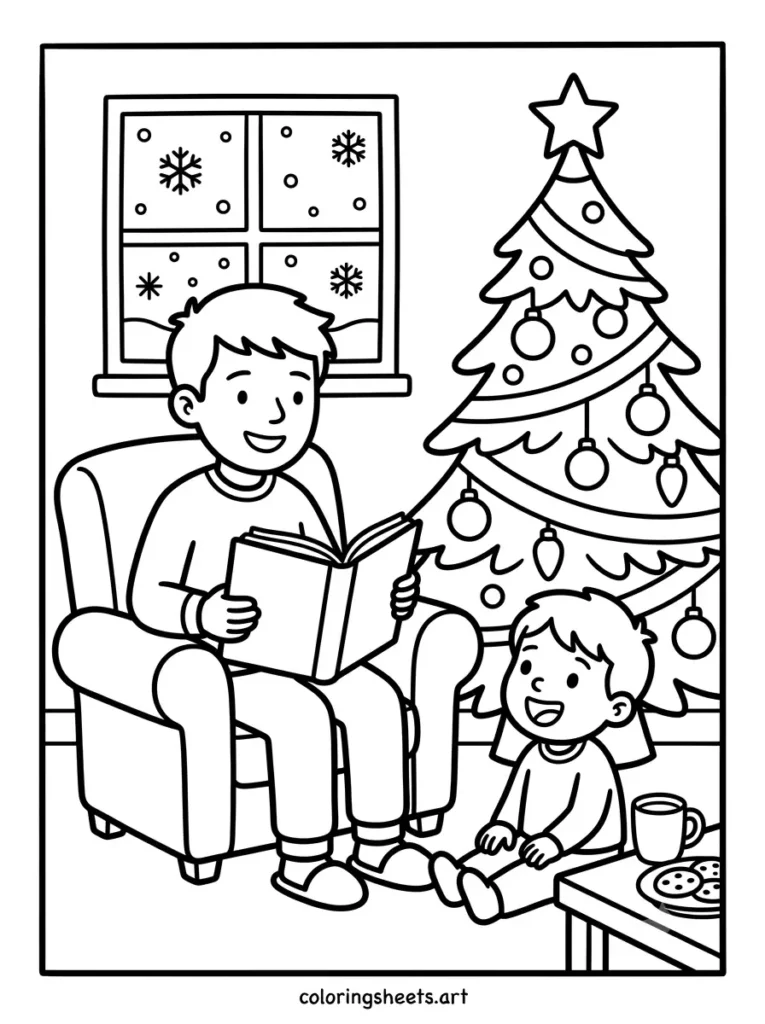 Reading the Christmas story by the tree cozy coloring page for toddlers