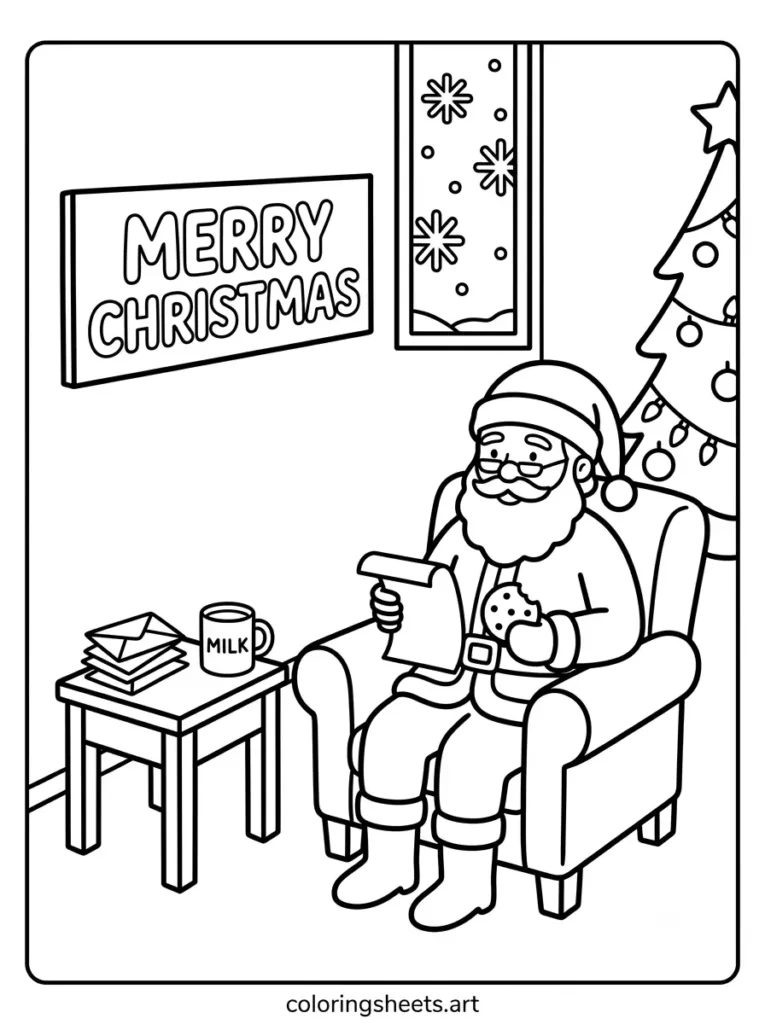 Santa reading letters by the tree cozy Christmas coloring page for kids