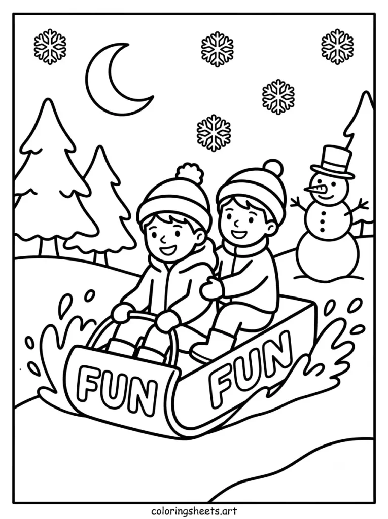 Sledding down a gentle hill cozy Christmas coloring page for kids