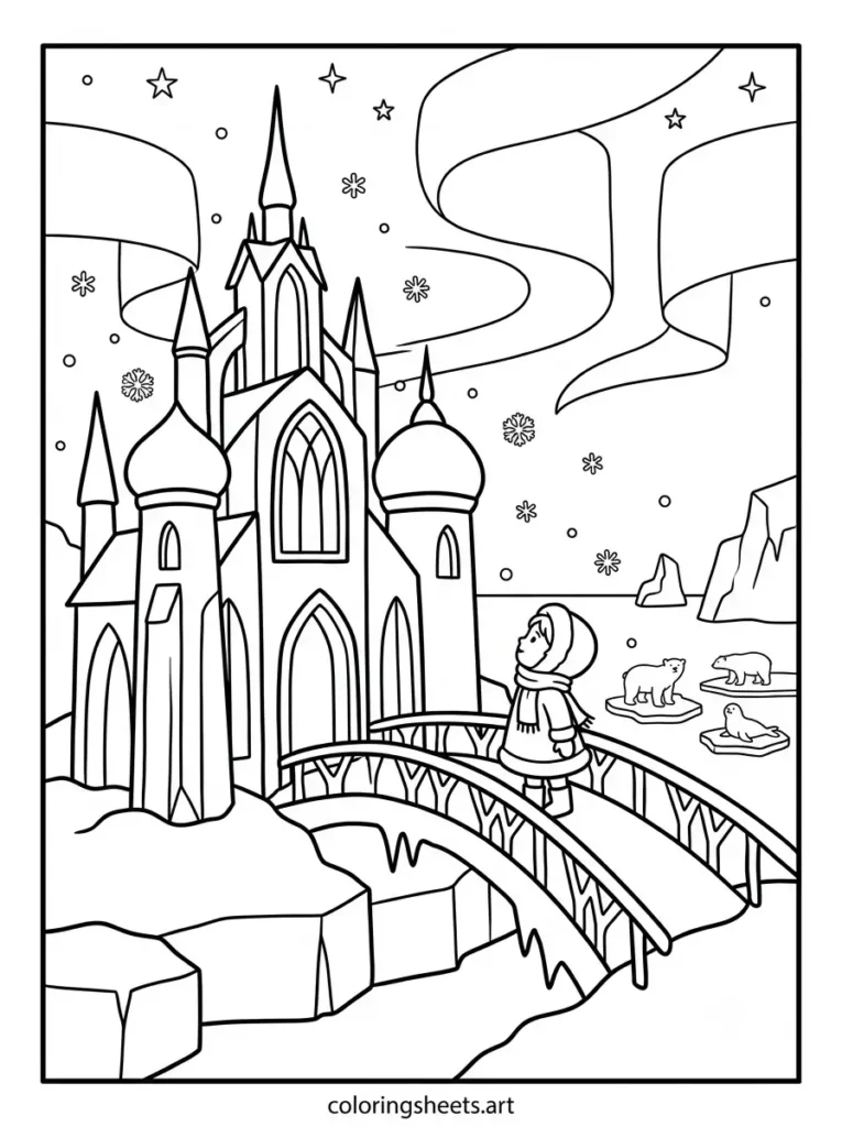 The Snow Queen's ice palace cozy Christmas coloring page for kids free