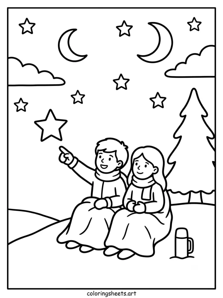 Snowy night stargazing cozy Christmas coloring page for kids