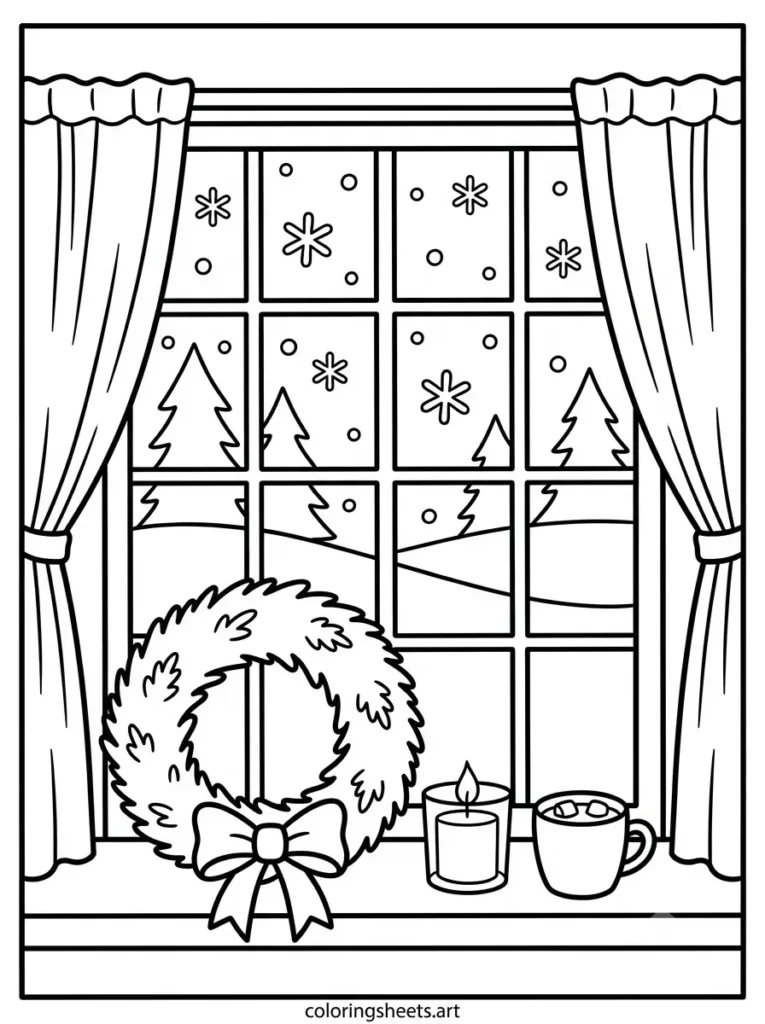 Snowy window with wreath and candle cozy coloring page for kids free