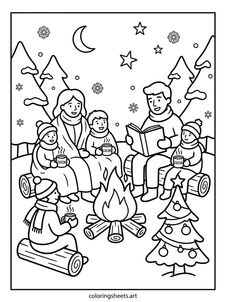 Storytime around the campfire cozy Christmas coloring page for kids free