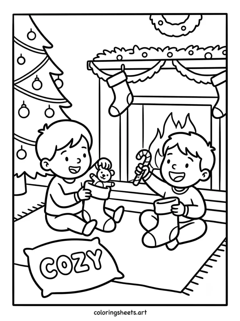 Children unwrapping stockings by the fireplace cozy Christmas coloring page for kids