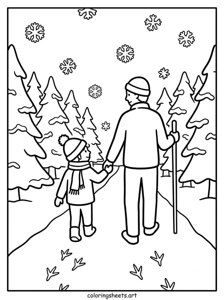 Walking through a snowy forest cozy Christmas coloring page for kids