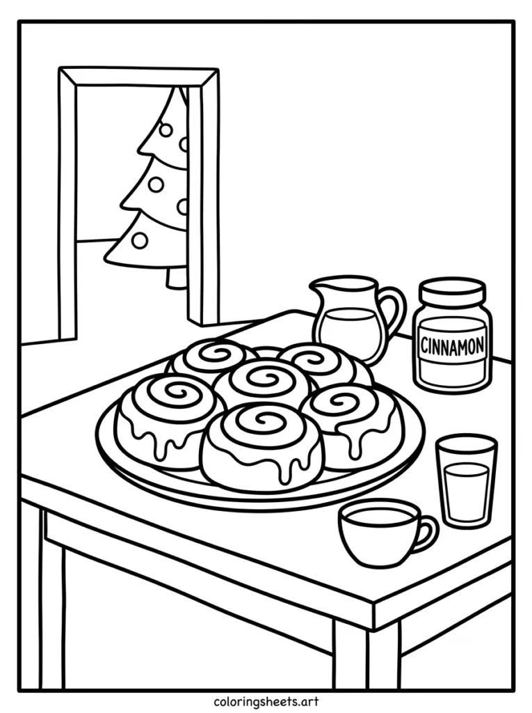 Warm cinnamon rolls and frosting cozy Christmas coloring page for kids free