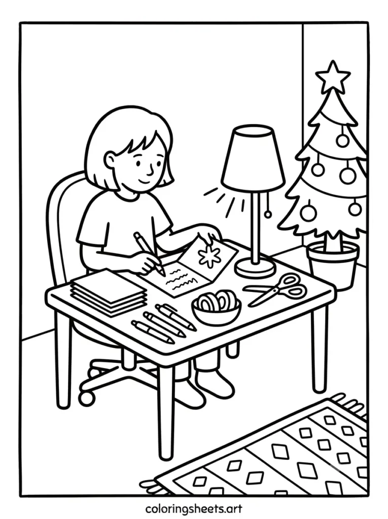 Writing Christmas cards with stickers cozy coloring page for kids