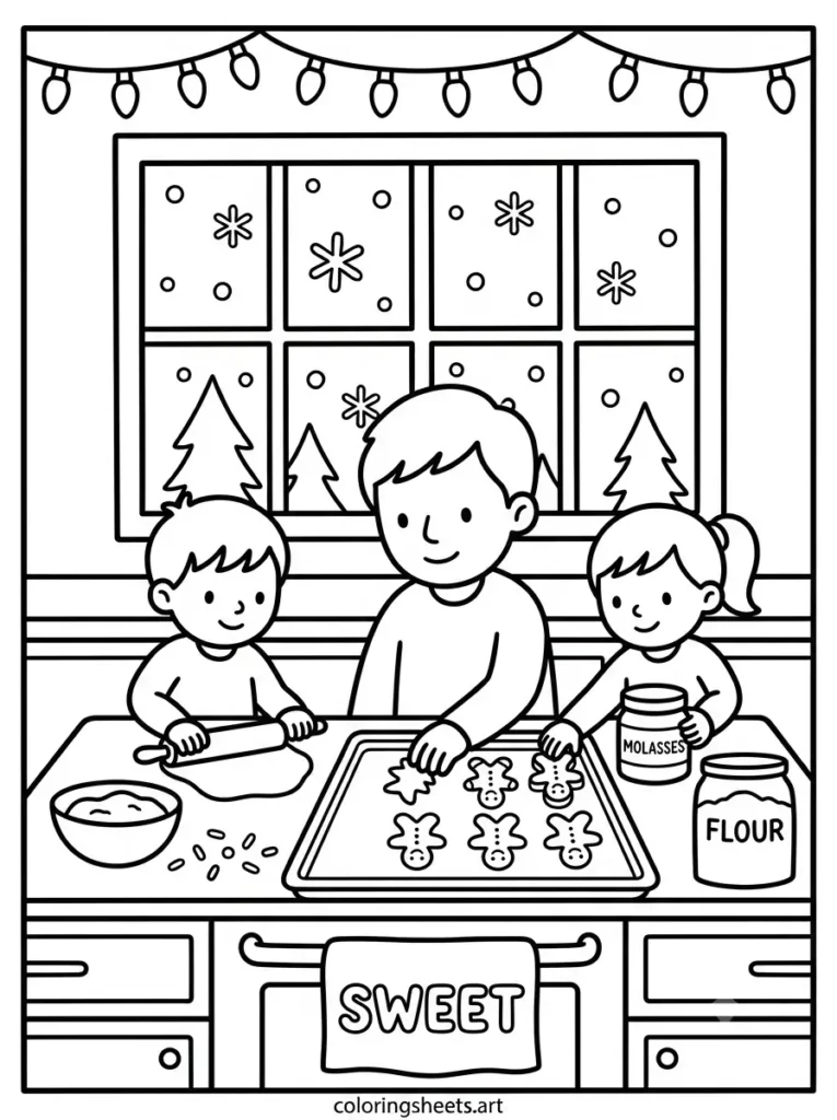 Baking gingerbread cookies together cozy Christmas coloring sheet for kids free