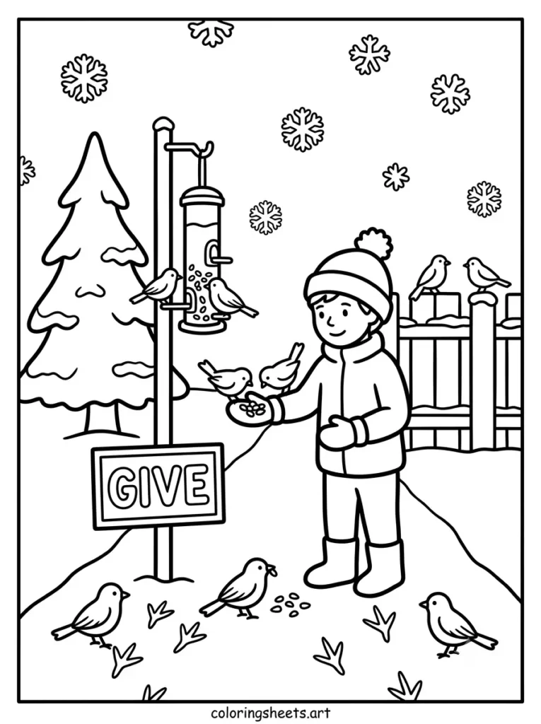 Feeding birds in the snow cozy Christmas coloring sheet for kids free