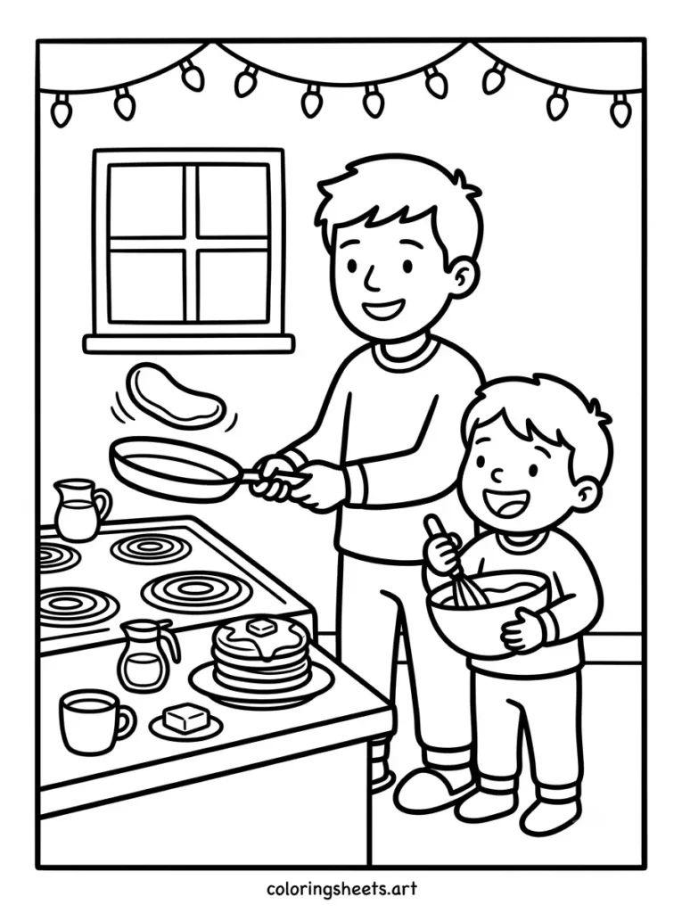 Making pancakes in Christmas pajamas cozy coloring sheet for adults free