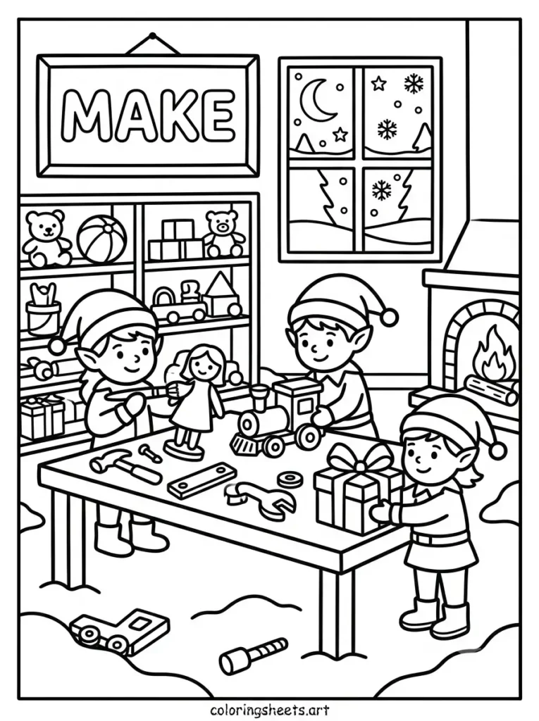 The toy workshop of the elves cozy Christmas coloring sheet for kids free