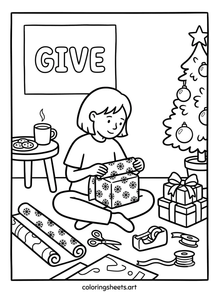 Wrapping gifts with pretty paper cozy Christmas coloring sheet for kids free