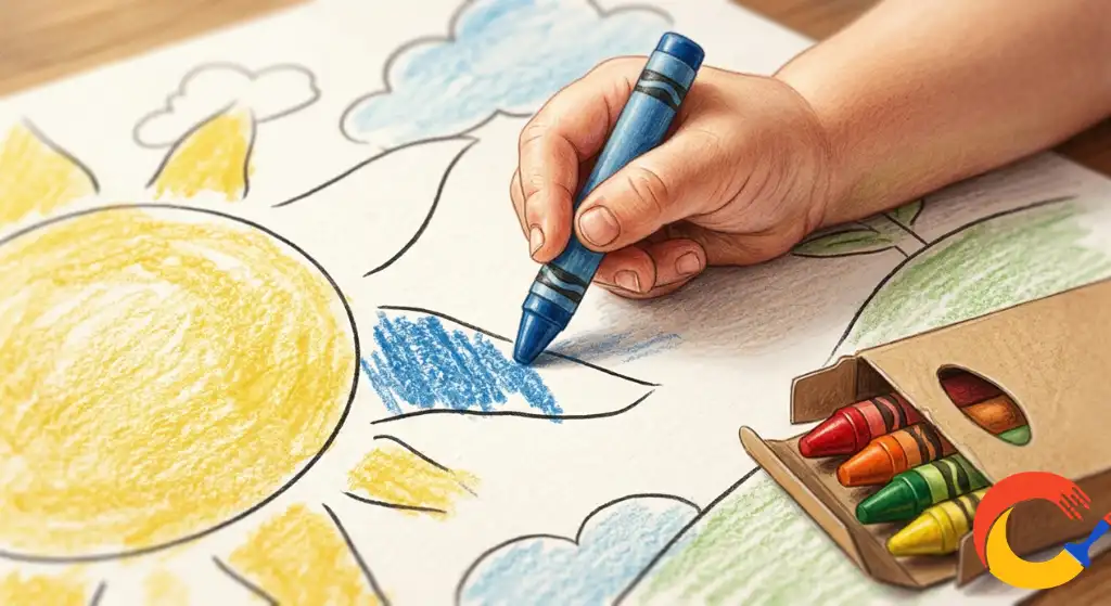 A child's hand coloring a simple bold-outline page with crayons