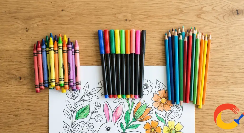 Crayons, markers, and colored pencils arranged together next to a coloring page