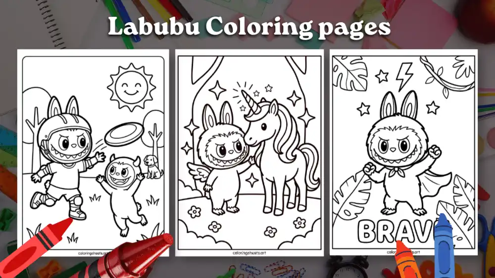 Cute and easy Labubu coloring pages preview showing frisbee, unicorn, and brave superhero themes for kids.