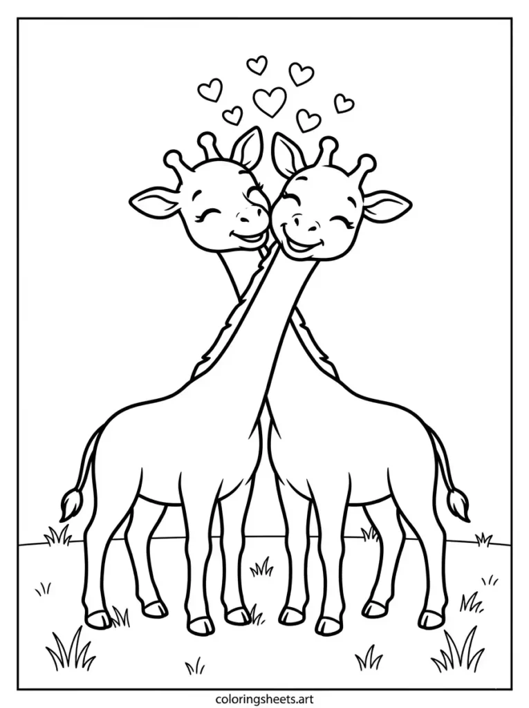 Two best friend giraffes showing affection by intertwining their long necks. A highly requested choice among our cute giraffe coloring pages.