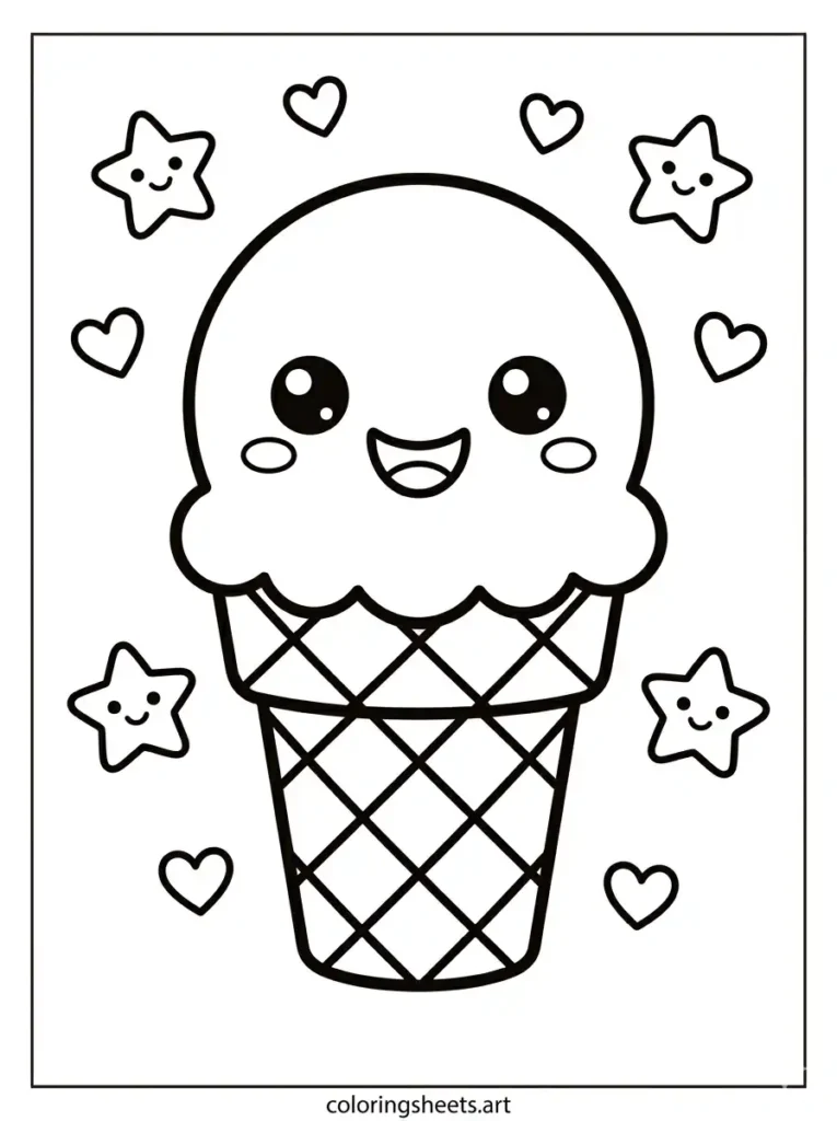 Cute happy smiling ice cream cone coloring page for toddlers