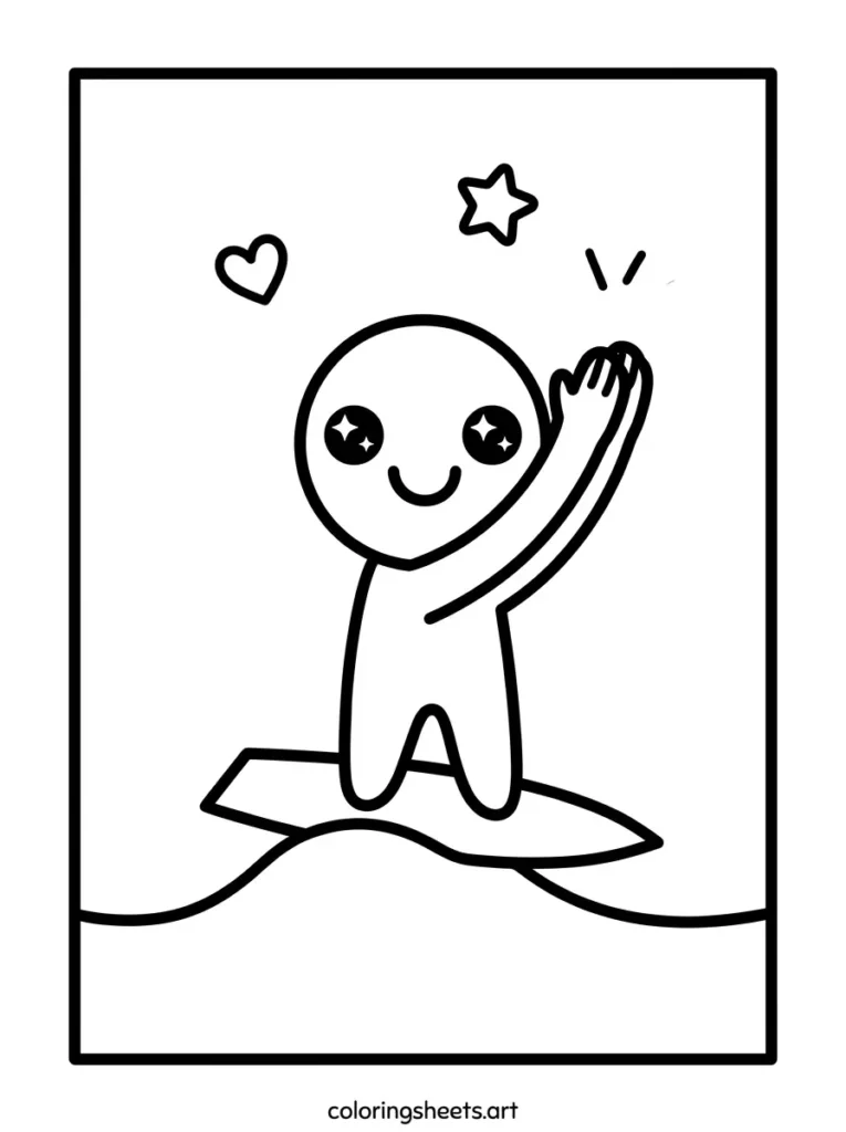 Cute little surfer clapping hands coloring page for toddlers printable PDF