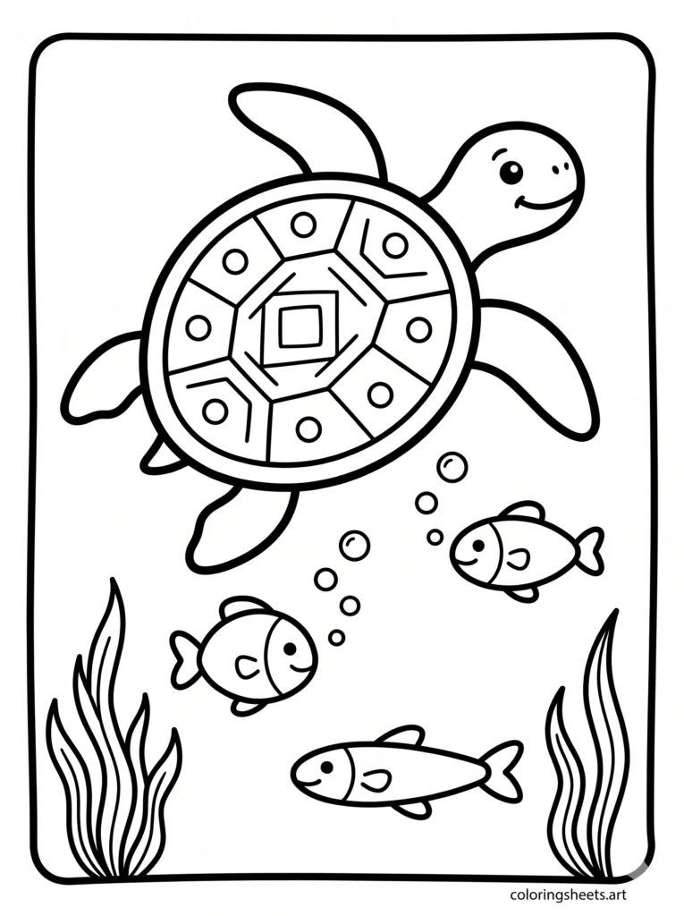 Free printable ocean coloring pages for kids with a cute sea turtle swimming with fish under the sea