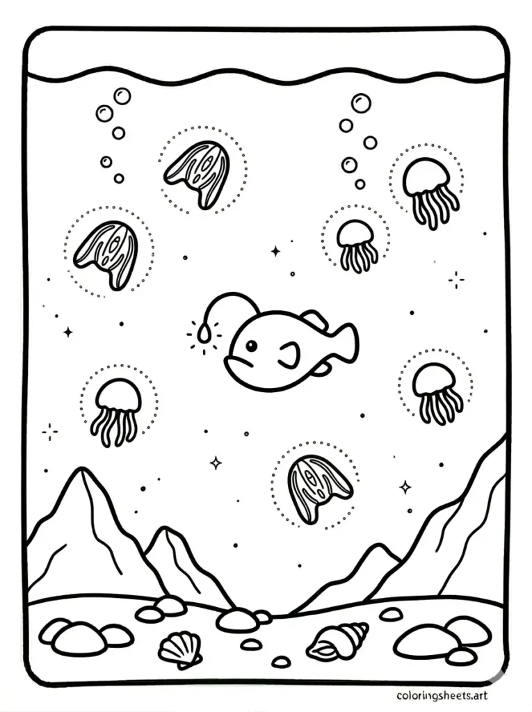 Ocean coloring pages for kids printable with glowing deep sea creatures and a magical atmosphere