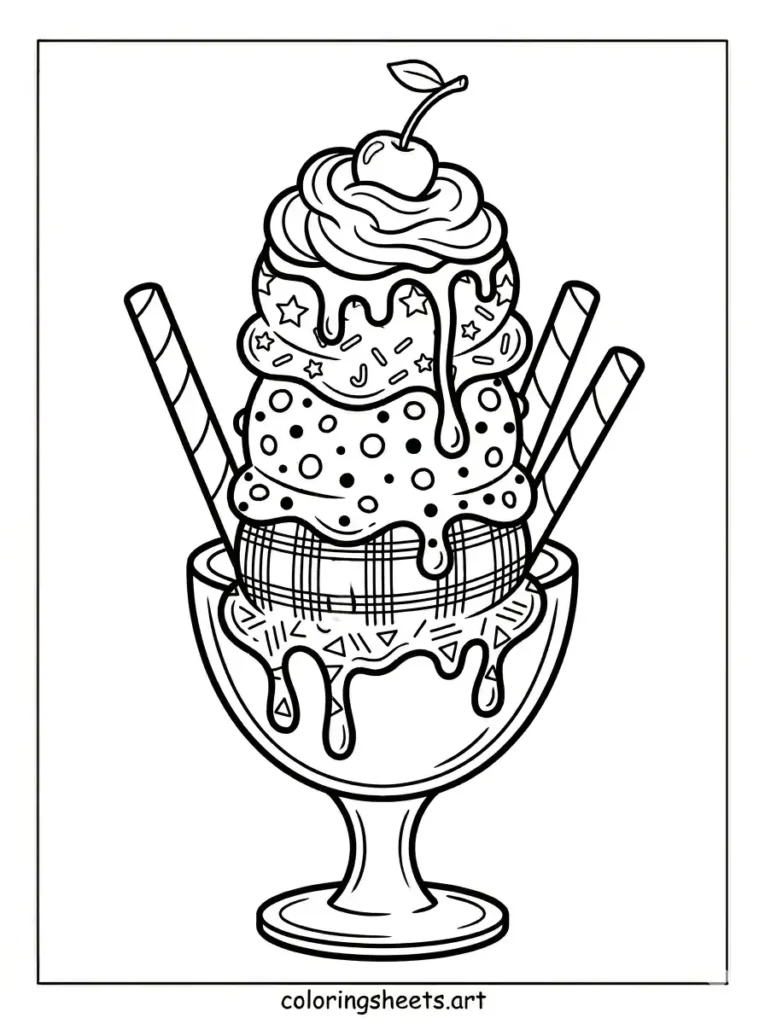 Detailed ice cream sundae in glass bowl coloring sheet for adults