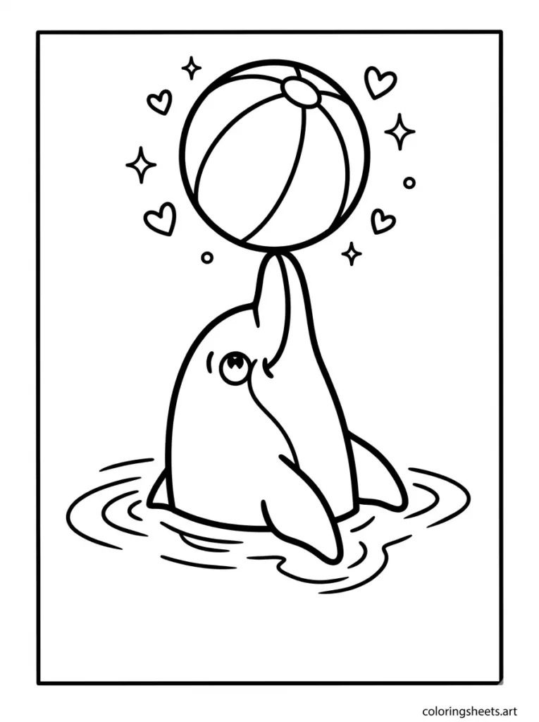 Dolphin balancing a beach ball on its nose coloring page for kids