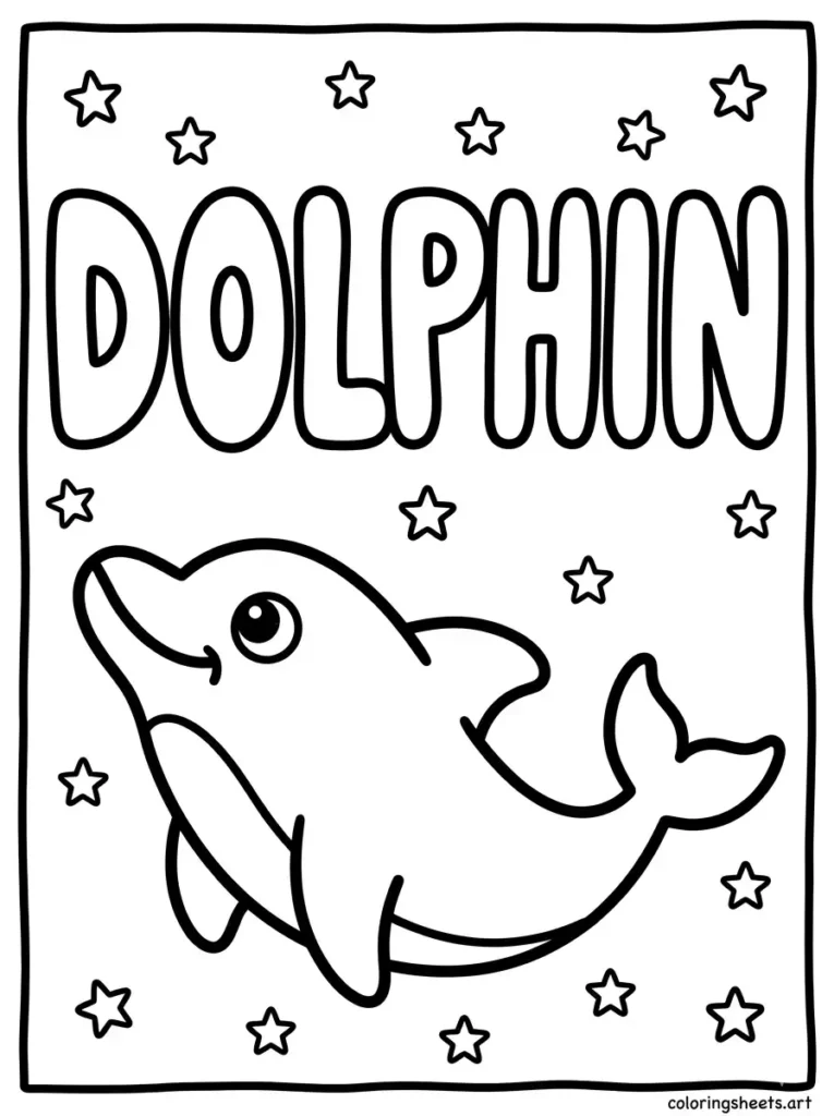 Dolphin with big bubble letter name coloring page for toddlers
