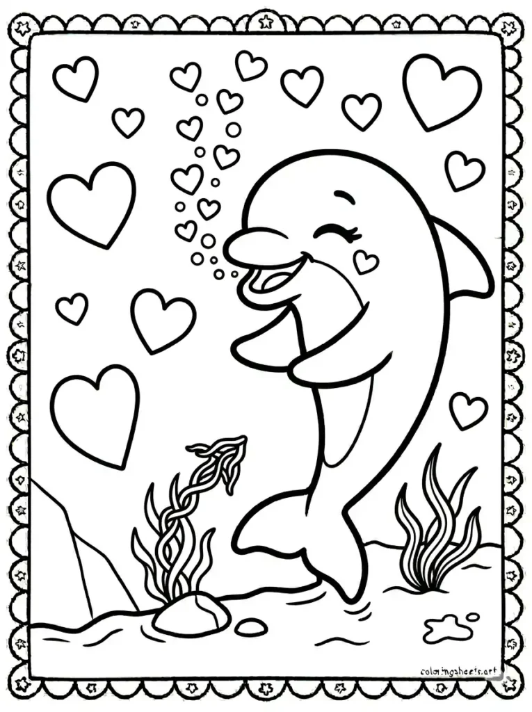Dolphin blowing bubble hearts for Valentine's Day coloring page