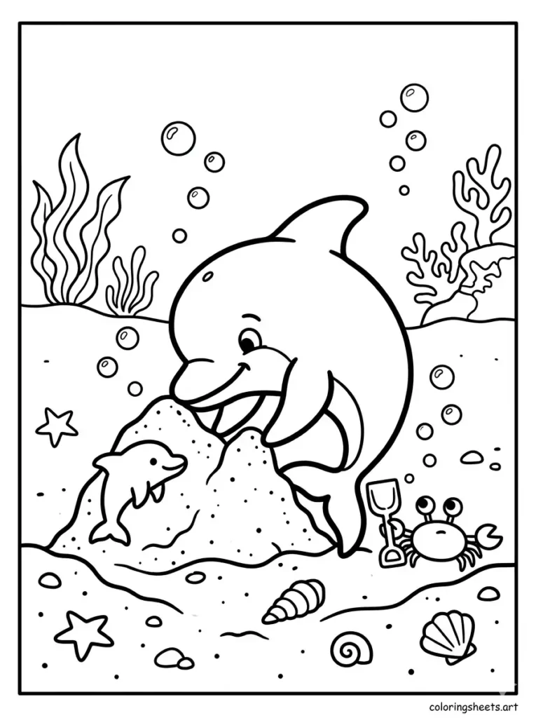 Dolphin building a sand sculpture coloring page