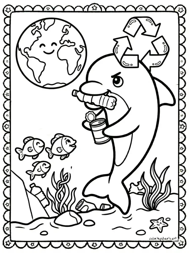 Dolphin cleaning up trash for Earth Day coloring page