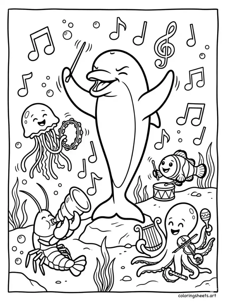 Dolphin conducting an underwater orchestra coloring page