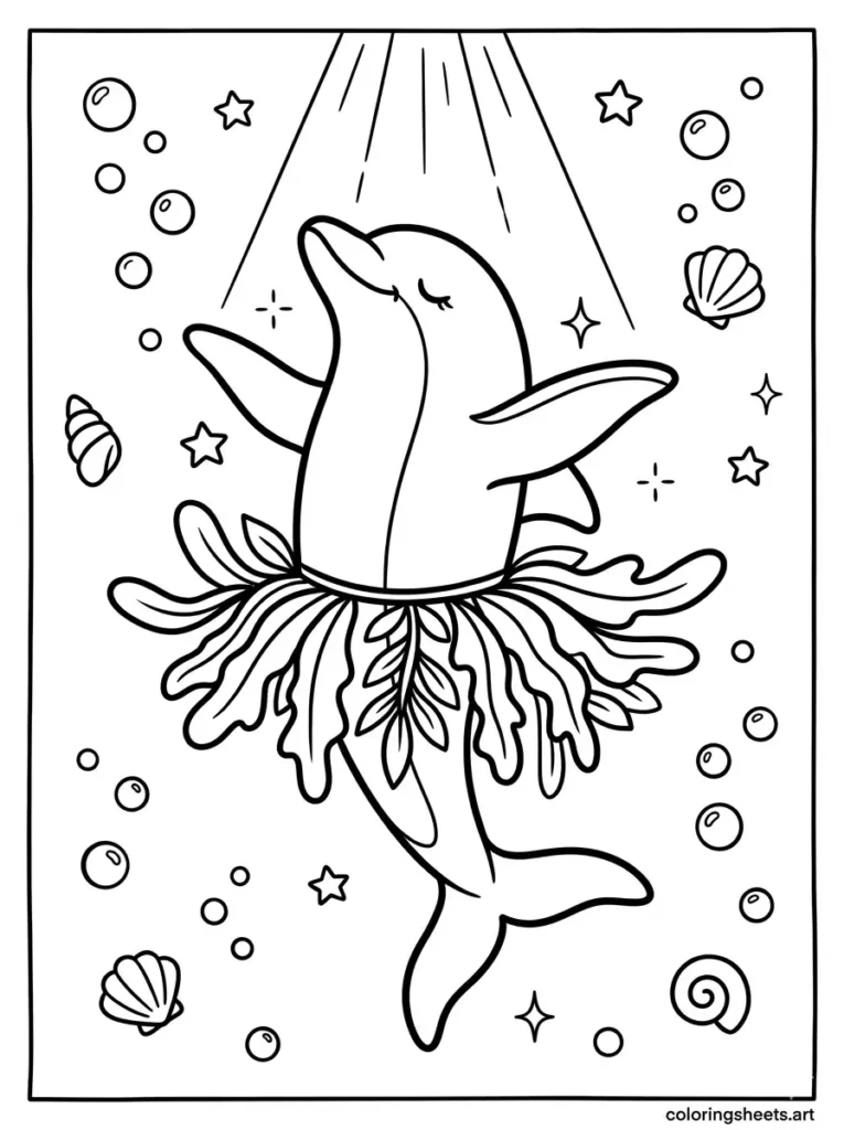 Dolphin dancing in an underwater ballet coloring Sheet Printable pdf
