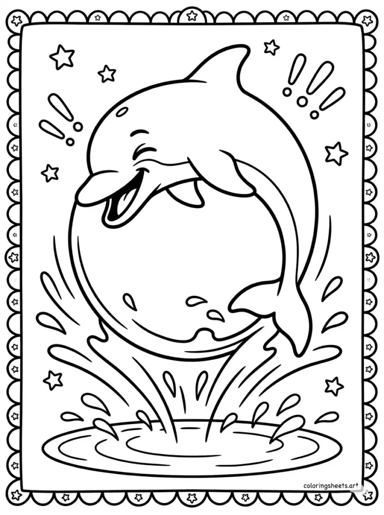Dolphin doing a backflip splash coloring page for toddlers