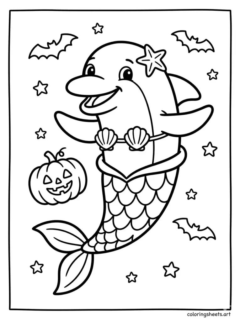 Dolphin dressed as a cute mermaid for Halloween coloring page