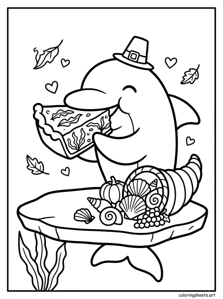 Dolphin eating a Thanksgiving feast underwater coloring page