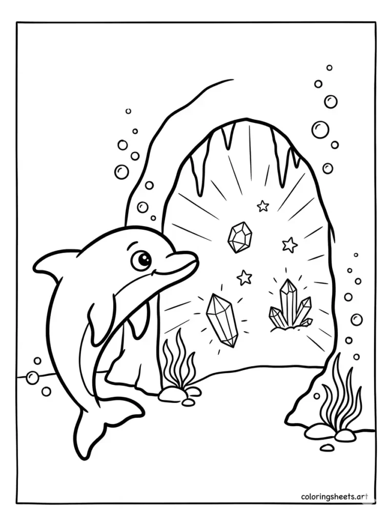 Dolphin entering a glowing undersea cave coloring page