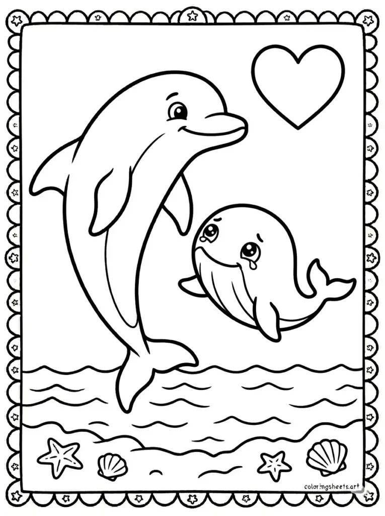 Dolphin escorting a lost baby whale to its mother coloring page