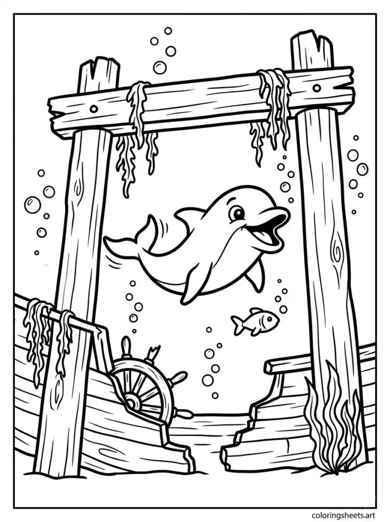 Dolphin exploring a sunken ship coloring page for kids