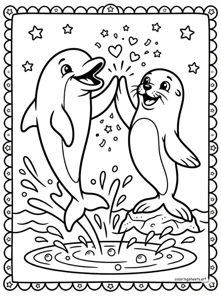 Dolphin high-fiving a sea lion coloring page for kids