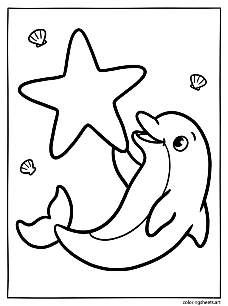 Dolphin holding a giant starfish coloring page for toddlers