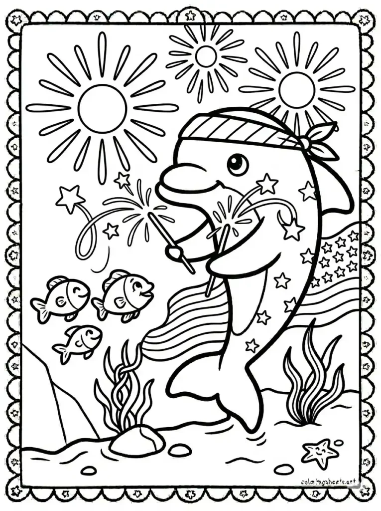 Dolphin holding sparklers for Fourth of July coloring page