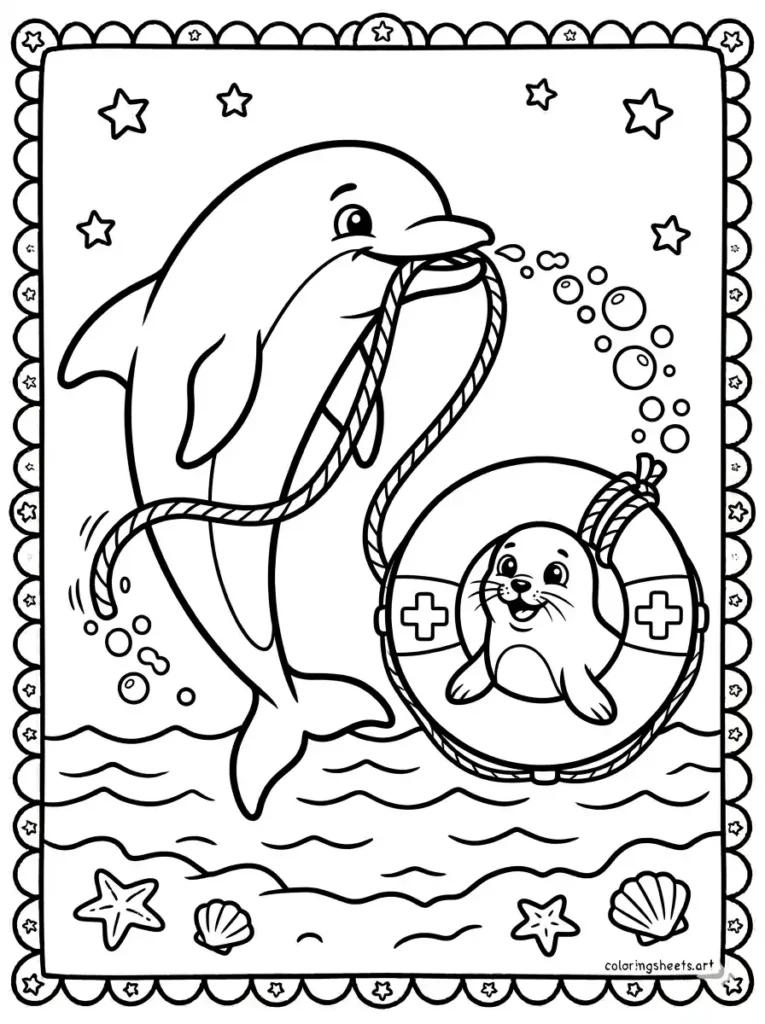 Dolphin lifeguard towing a life ring with a seal coloring page for kids