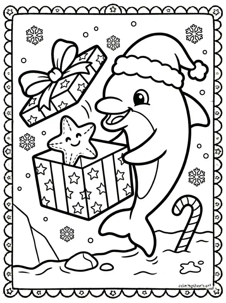 Dolphin opening a Christmas gift underwater coloring page