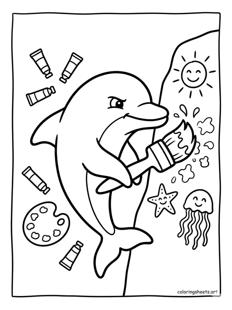 Dolphin painting an underwater mural coloring page for kids