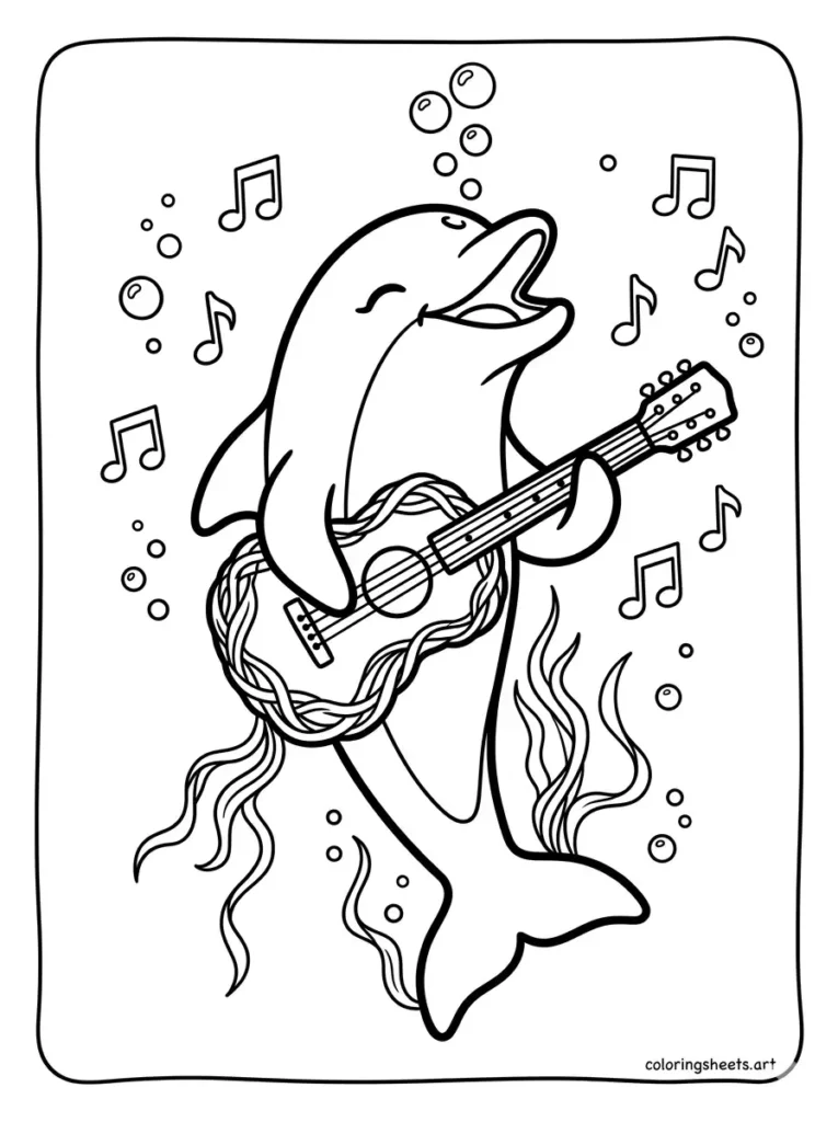 Dolphin playing a seaweed guitar coloring page for kids