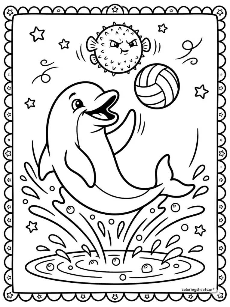 Dolphin playing volleyball with a pufferfish coloring page for kids