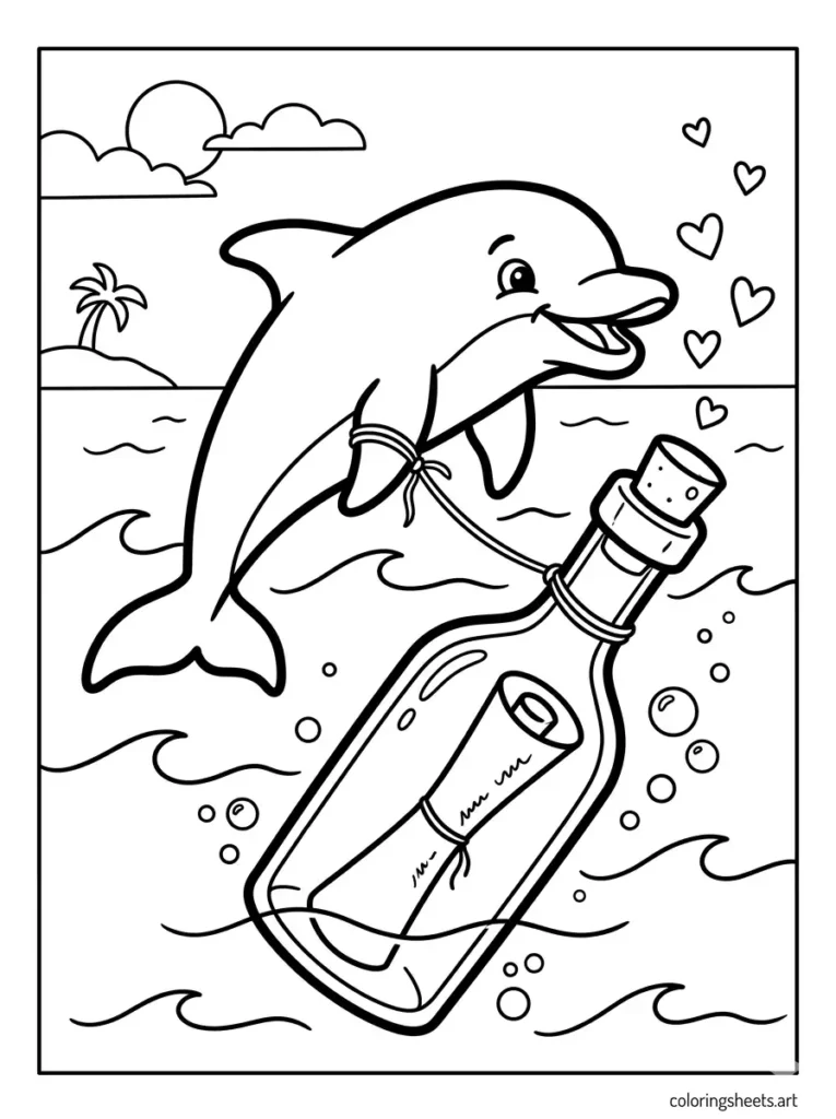 Dolphin pulling a message in a bottle coloring page Free Printable